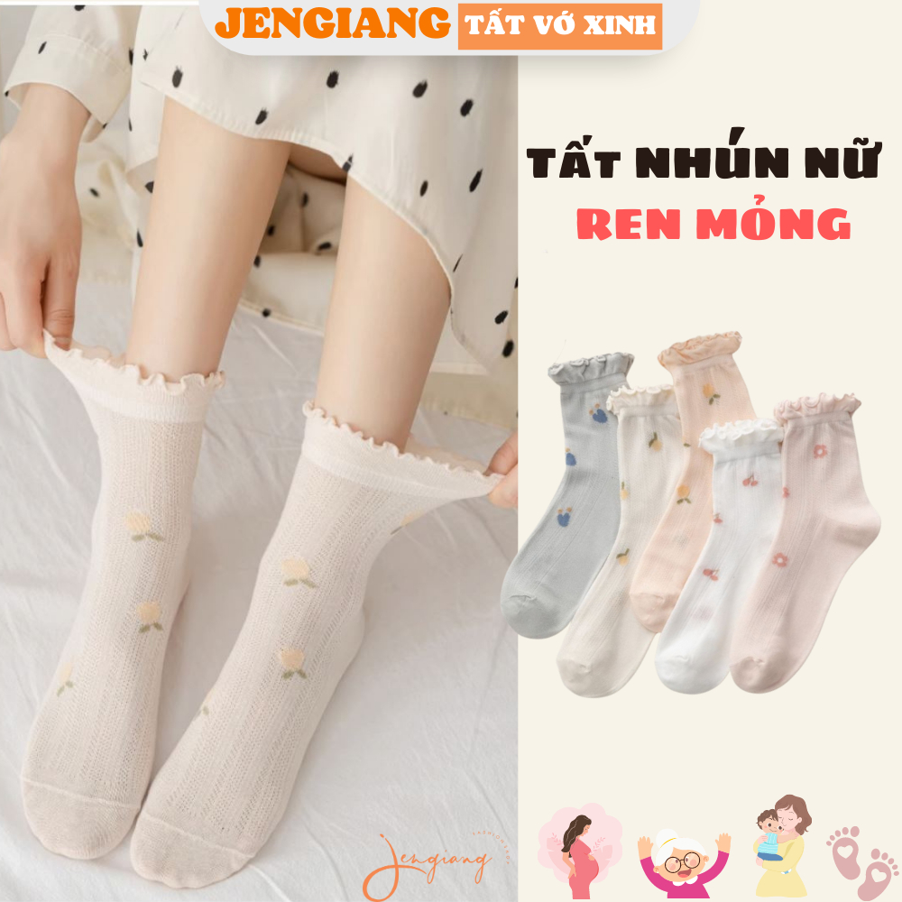 Tất vớ cao cổ nữ Jengiang cotton ren mỏng T60030 vintage phong cách lolita Nhật Bản Vớ nhún nữ thoáng khí khoáng khuẩn