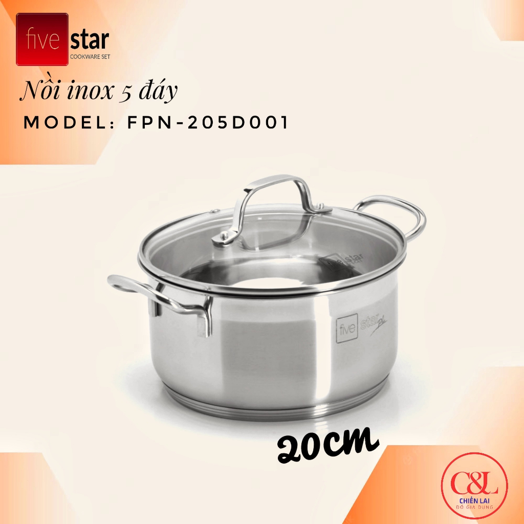Nồi inox Fivestar 5 đáy inox 304 đun từ. Size 16/18/20/24cm
