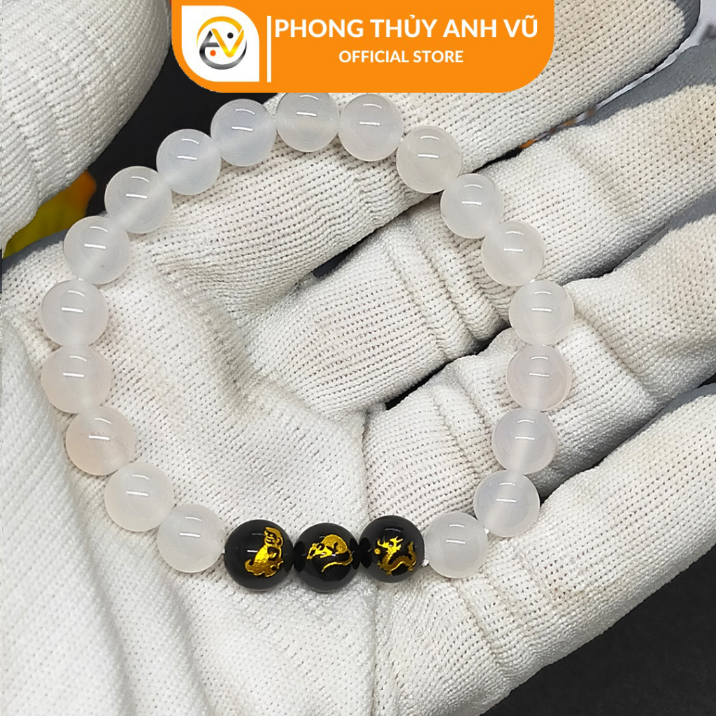Vòng tay mã não trắng thân tý thìn - size 8 10ly cho nữ mệnh thủy, mệnh kim - khai quang điểm nhãn - may mắn tài lộc