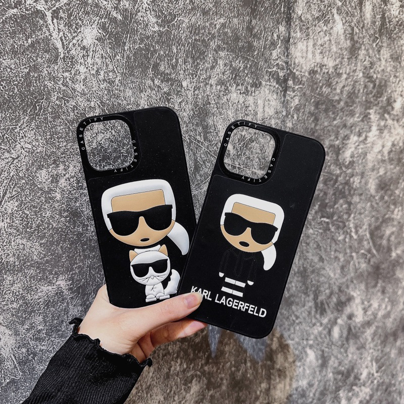 Ốp lưng đen casetify KARL ĐEO KÍNH - MÈO chống bẩn cạnh vuông cho i phone 7 đến 14promax