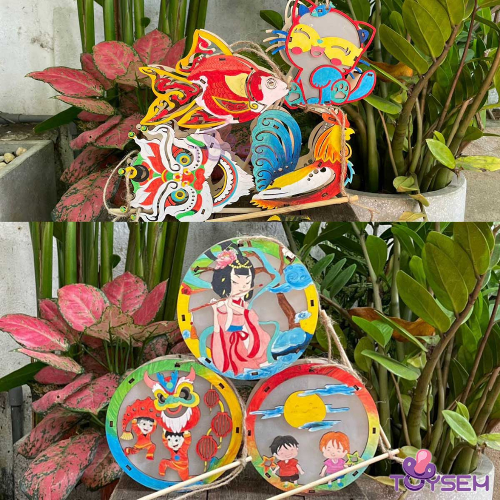 Đồ chơi lồng đèn trung thu DIY bằng gỗ Toysem vừa lắp ghép, tô màu, chơi rước đèn - Quà tặng sinh nhật trung thu cho bé