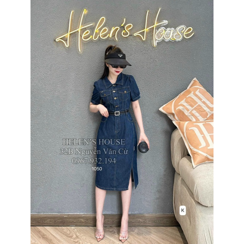 Đầm xoè denim tay ngắn kèm belt