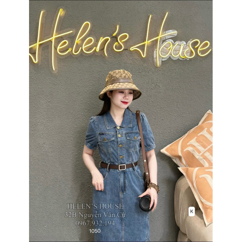 Đầm xoè denim tay ngắn kèm belt