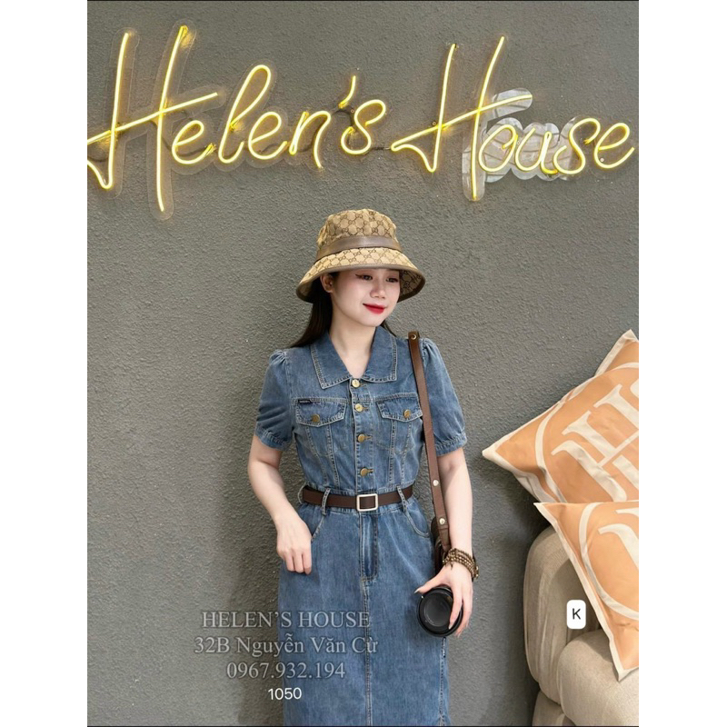 Đầm xoè denim tay ngắn kèm belt