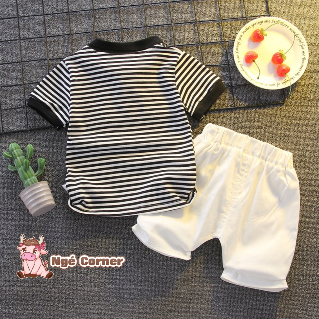 Set Quần Áo Polo Kẻ Ngang Ngắn Tay Cho Bé Trai, Bộ Cộc Tay Cho Bé Mùa Hè