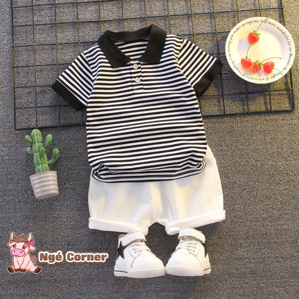 Set Quần Áo Polo Kẻ Ngang Ngắn Tay Cho Bé Trai, Bộ Cộc Tay Cho Bé Mùa Hè