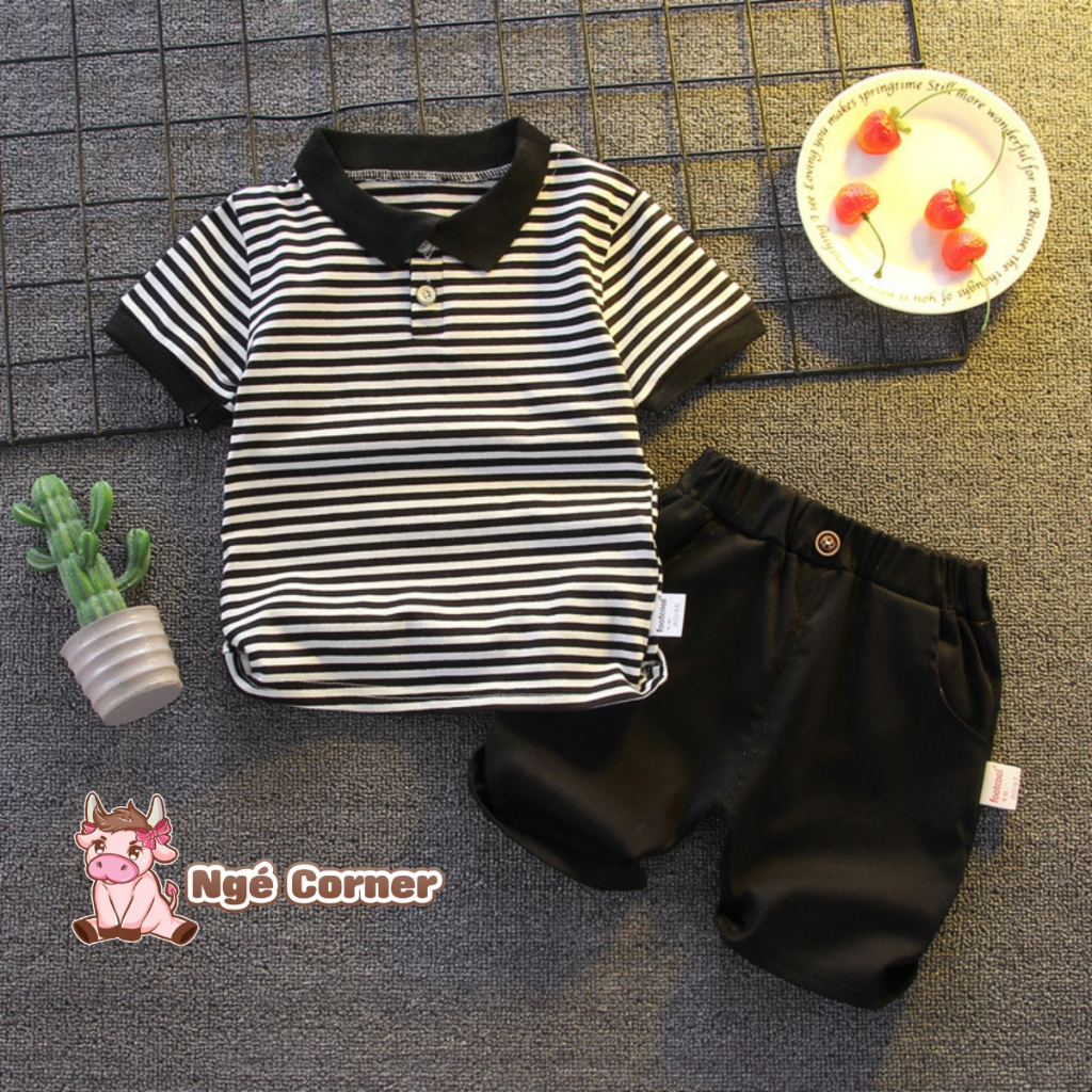 Set Quần Áo Polo Kẻ Ngang Ngắn Tay Cho Bé Trai, Bộ Cộc Tay Cho Bé Mùa Hè