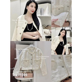 Áo khoác dạ tweed viền khuy ngọc