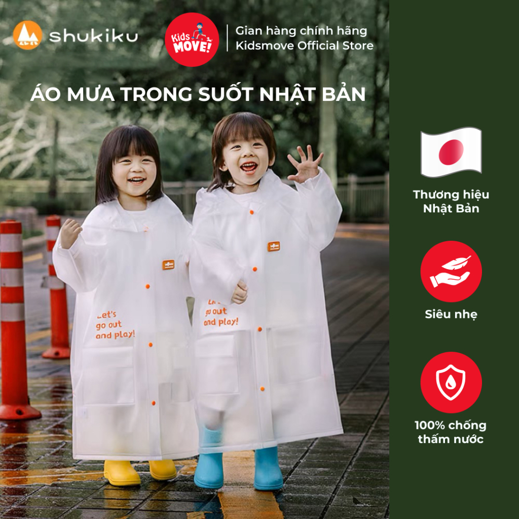 Áo mưa trẻ em Nhật bản Shukiku, dáng dài, trong suốt, 100% chống thấm nước, có ngăn balo