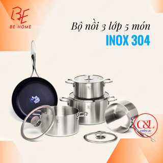 BỘ NỒI INOX 5 CHIẾC BEHOME 3 LỚP ĐÁY LIỀN -INOX 304