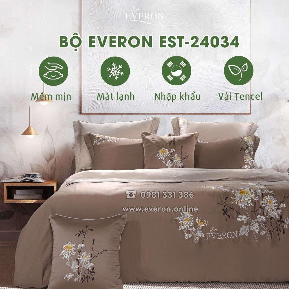 Bộ chăn ga Everon EST24034 chất liệu Tencel, bộ ga phủ và bộ ga chun chần 4 mùa