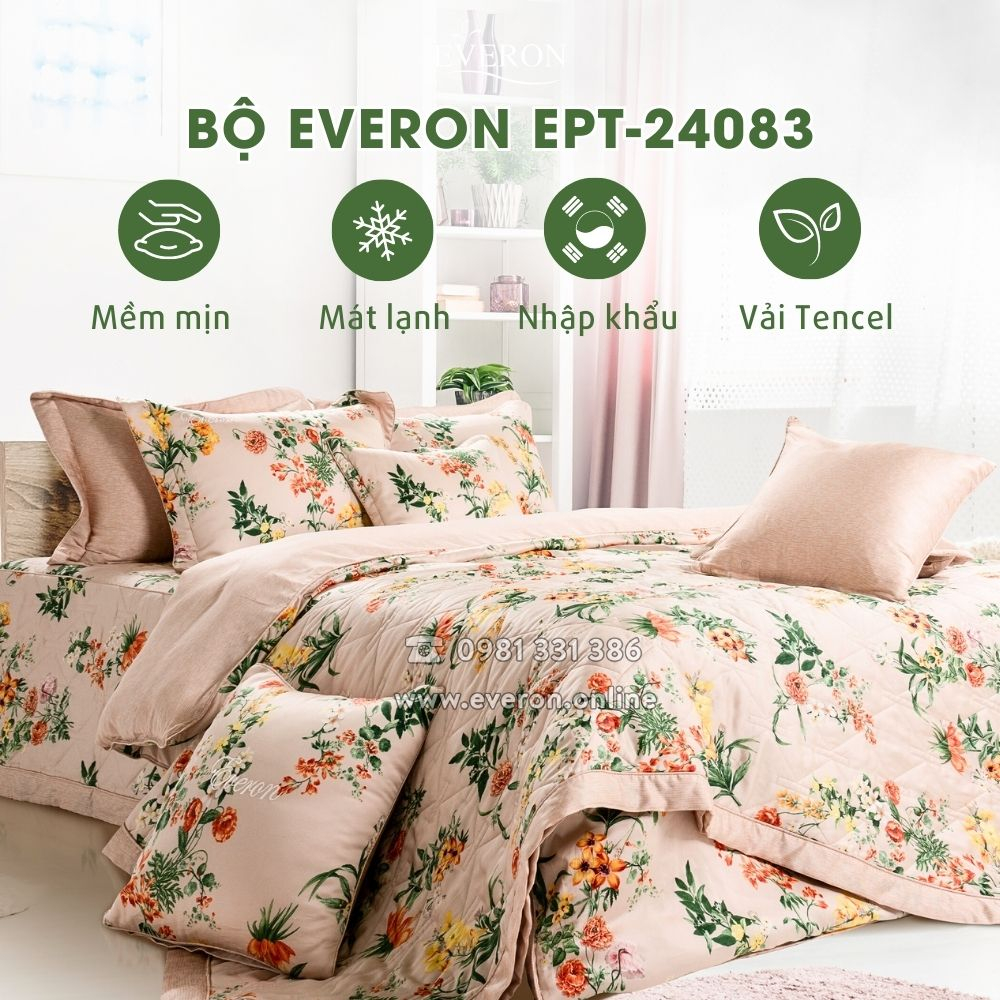 Bộ chăn ga Everon EPT24083 chất liệu Tencel màu be, bộ ga phủ, bộ ga chun chần 4 mùa