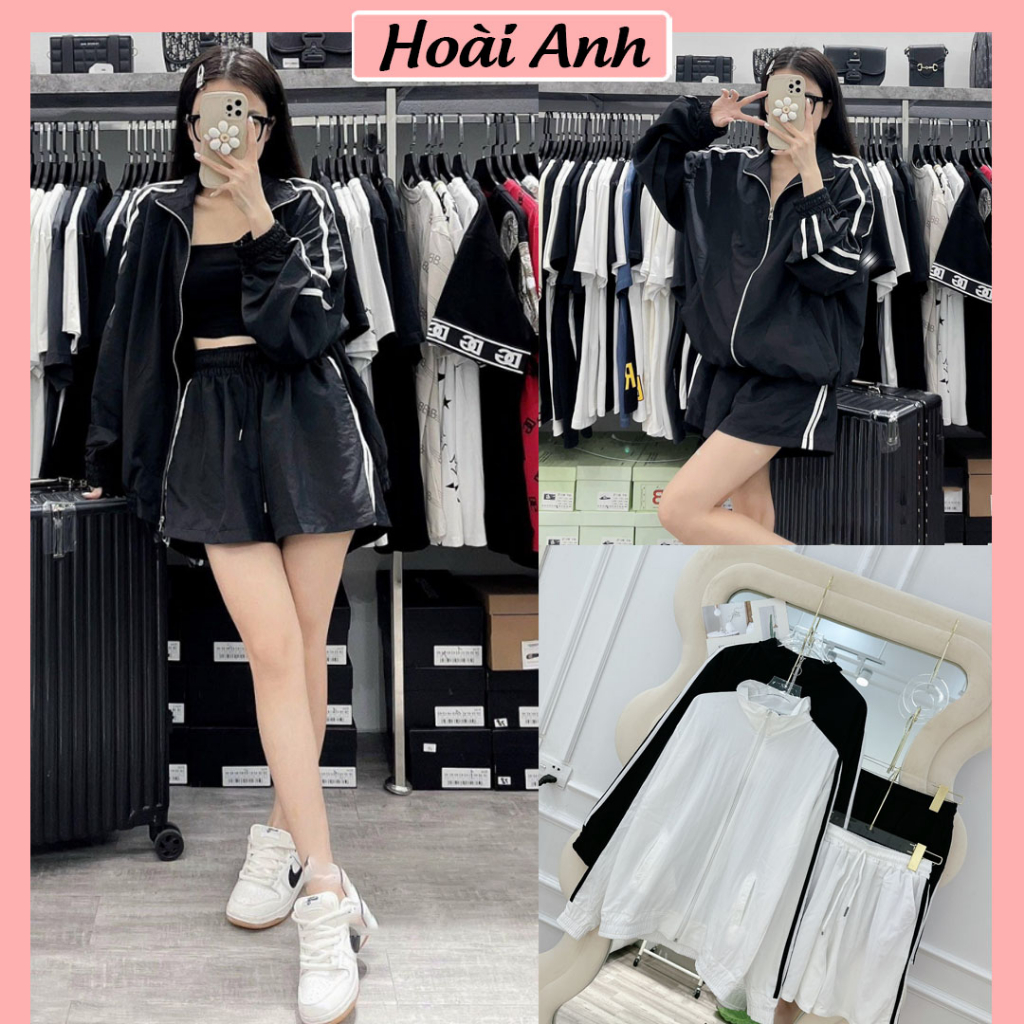 Set Bộ Đồ Thể Thao Nữ Áo Khoác Gió Trơn Dài Tay Phối Sọc Mix Quần Sooc Đùi Ống Rộng Freesize