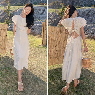 Váy dáng dài moni dress tay bồng, Đầm maxi hở lưng sang chảnh phong cách Ulzzang Winny Store