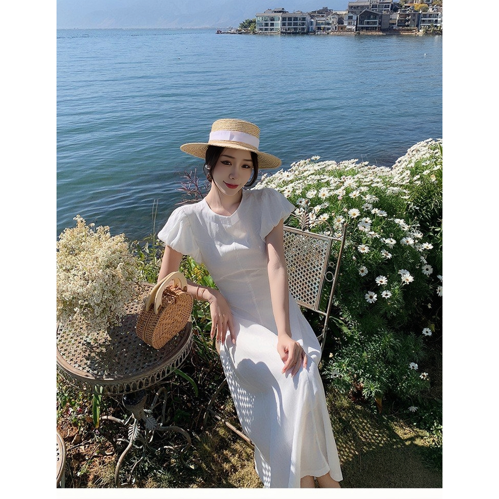 Váy dáng dài moni dress tay bồng, Đầm maxi hở lưng sang chảnh phong cách Ulzzang maylala.store