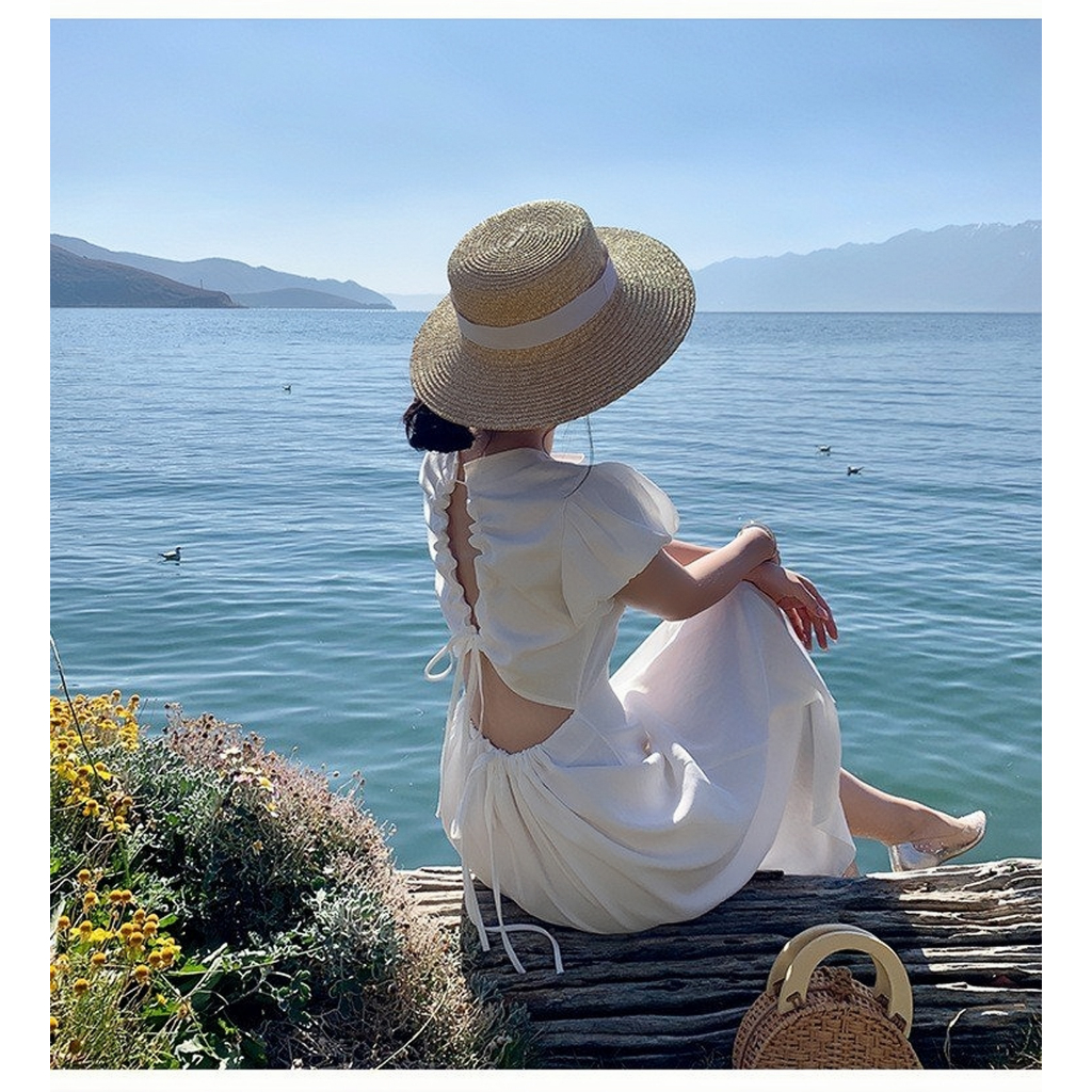 Váy dáng dài moni dress tay bồng, Đầm maxi hở lưng sang chảnh phong cách Ulzzang maylala.store