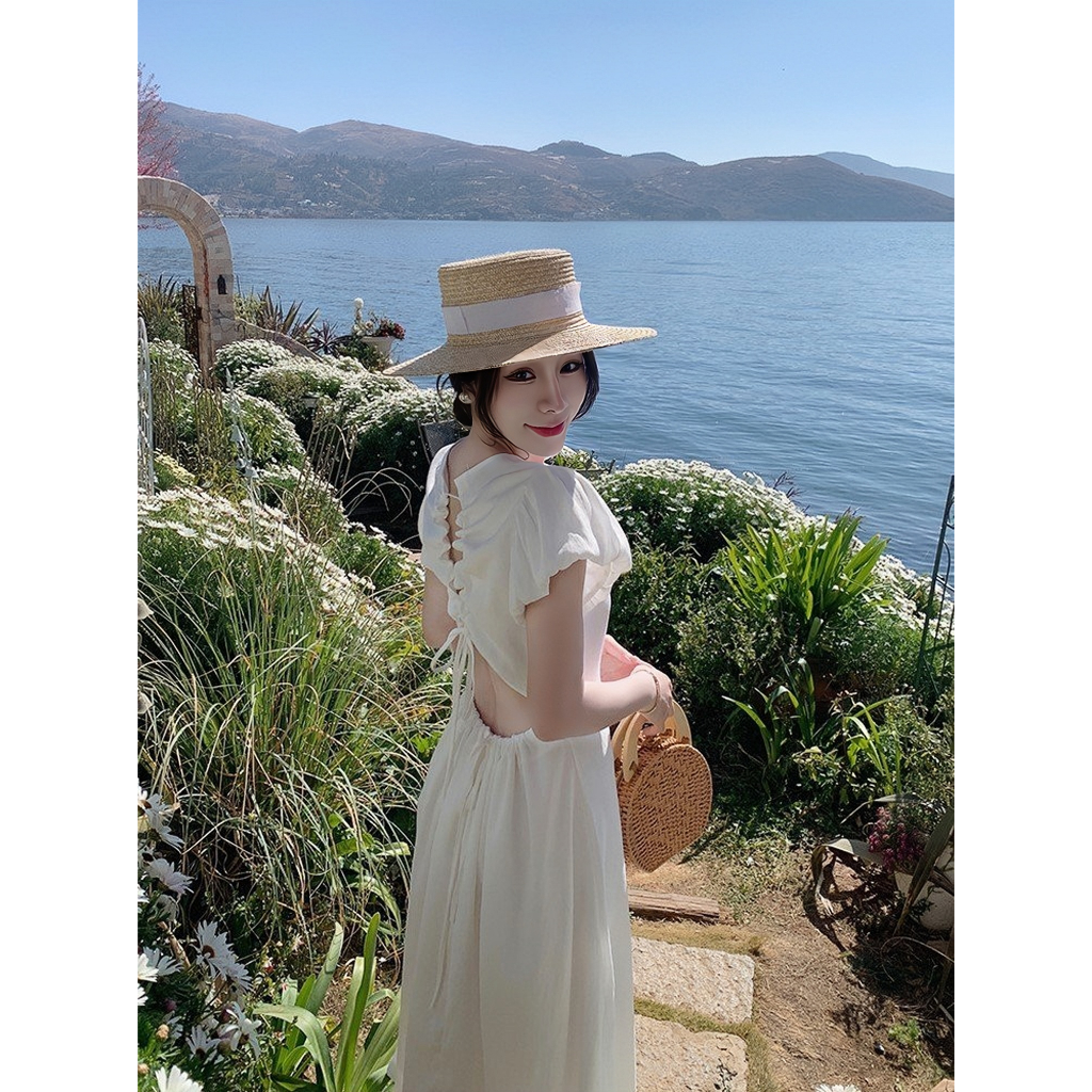 Váy dáng dài moni dress tay bồng, Đầm maxi hở lưng sang chảnh phong cách Ulzzang maylala.store