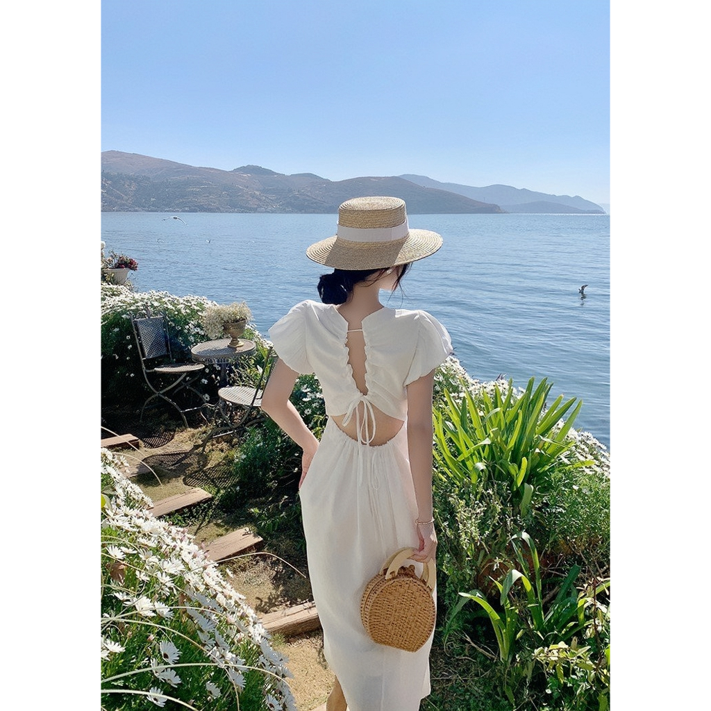 Váy dáng dài moni dress tay bồng, Đầm maxi hở lưng sang chảnh phong cách Ulzzang maylala.store