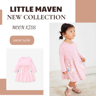 Váy bé gái Little Maven váy cotton dài tay bé gái hồng pony JSL34