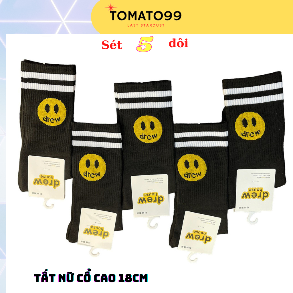 Tất nam nữ cổ cao 18cm sét 5 đôi hoạ tiết 2 vạch mặt cười T49