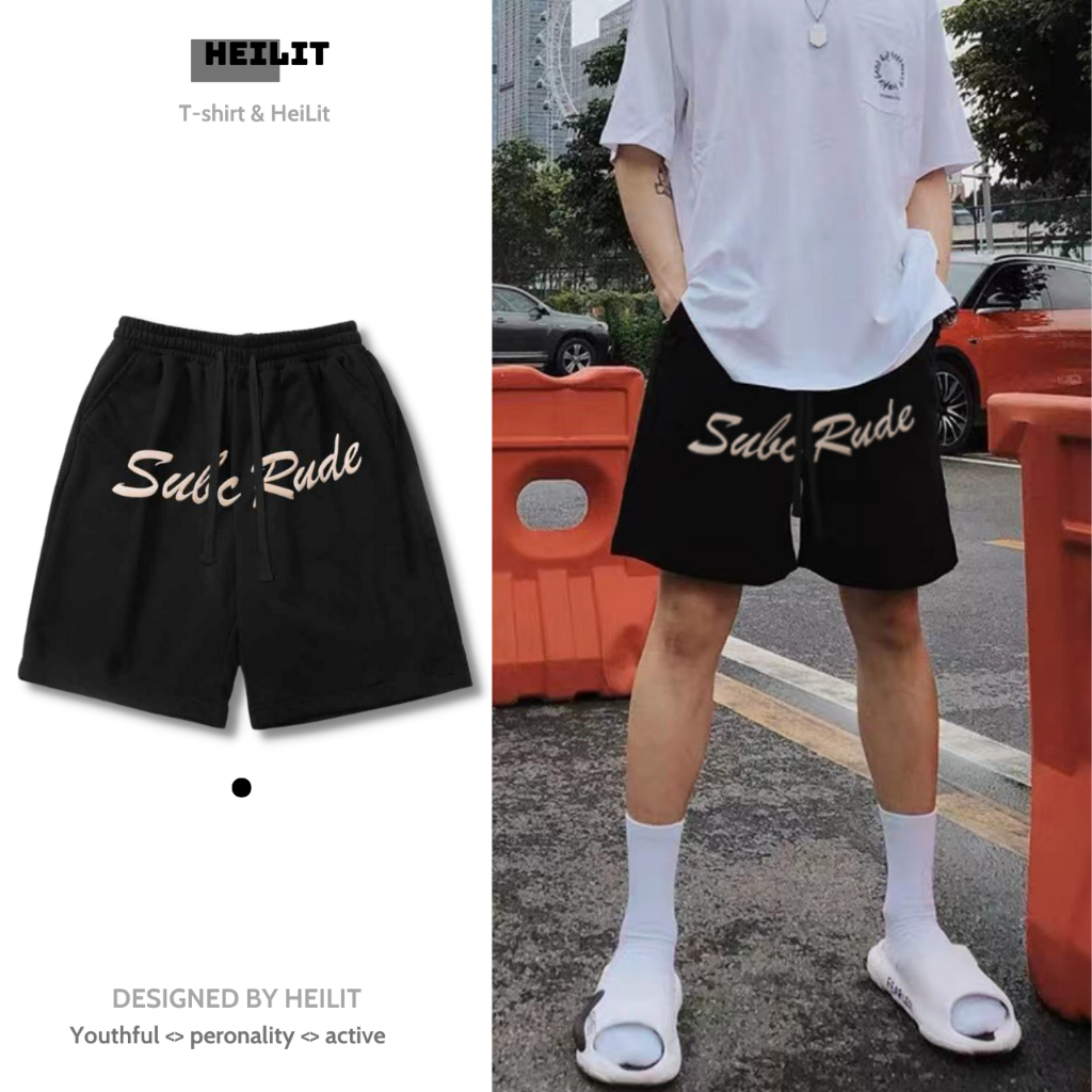 Quần Thun Ngố Nam Họa Tiết Nổi SUBC RUDE HeiLit Short Nỉ Đùi Dày Dặn Có Túi Kết Hợp Dây Rút