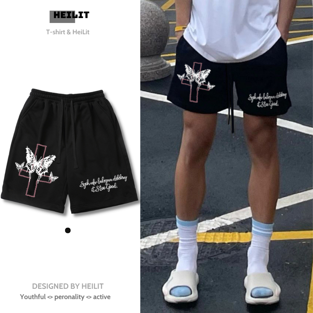 Quần Thun Ngố Nam Họa Tiết Nổi Bật HeiLit Short Nỉ Đùi Dáng Cao Dày Dặn Có Túi Kết Hợp Dây Rút