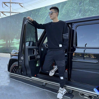 Bộ Nỉ Nam Thom cổ tròn Bộ Thu Đông nam 3 vạch tay đen chất liệu nỉ cao cấp