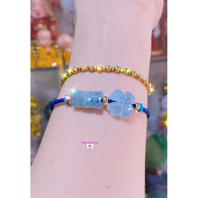 Vòng tay nam nữ lu thống mic mặt 4 lá Aquamarine xanh dương may mắn tài lộc