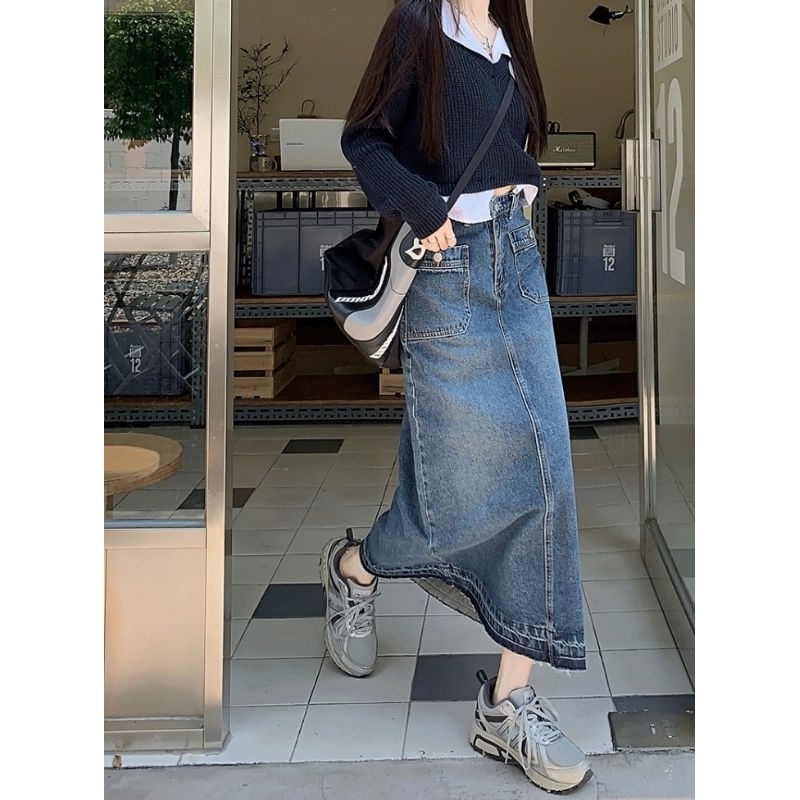 Chân váy jeans dài phong cách Hàn Quốc V3, chân váy dài tua gấu cạp cao Shop Hạt Dẻ