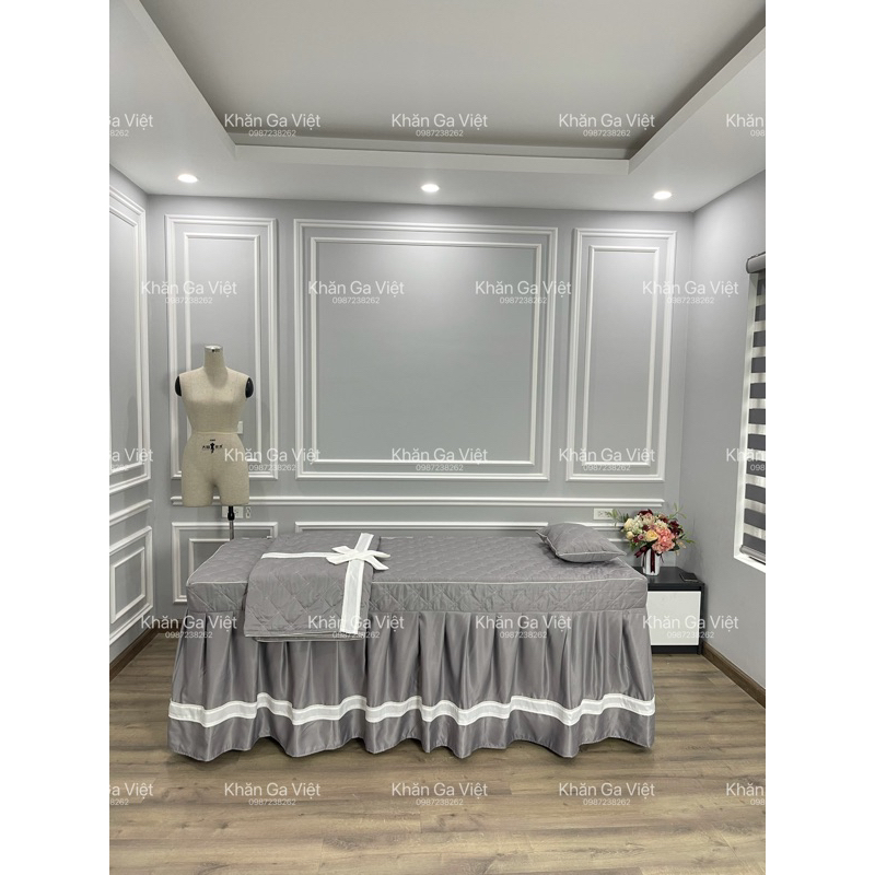Ga giường spa chất liệu cotton lụa trang trí viền nơ