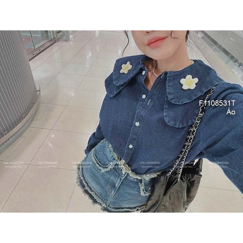 Áo sơ mi jean tay dài cổ phối hoa sang trọng VIENS STORE