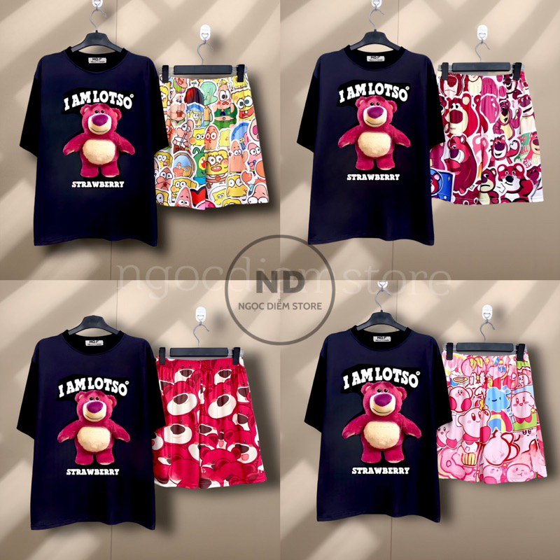 Bộ Đùi Gấu Dâu Đen I AM LOTSO Set Đồ Bộ Nữ hoạt hình cotton phom rộng phối Quần Short Cartoon Unisex