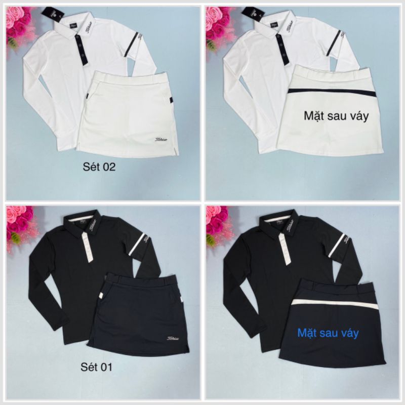 Sét áo dài tay và chân váy golf, tennis, cầu lông nữ xinh, thun co giãn, chât đẹp mịn.