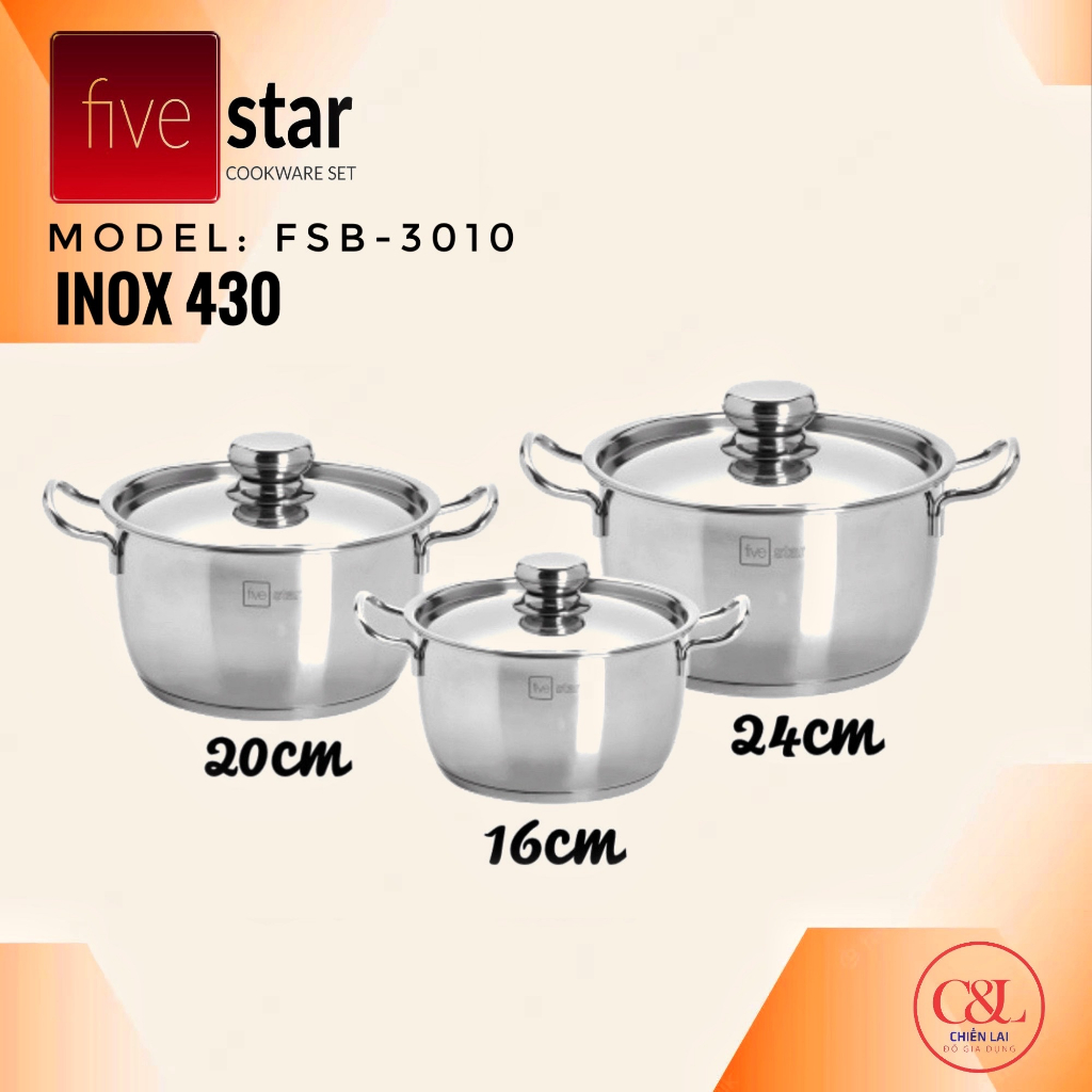Bộ nồi 3 đáy inox 430 Thân Cool Fivestar Standard FS-B3010
