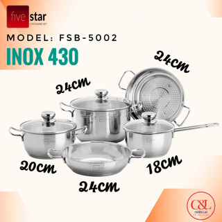 Bộ 5 nồi Inox 3 đáy Fivestar nắp kính