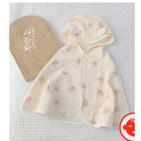 Áo choàng chống nắng vải xô MUSLIN HỌA TIẾT CAO CẤP có cúc bấm kèm mũ có tai cho bé