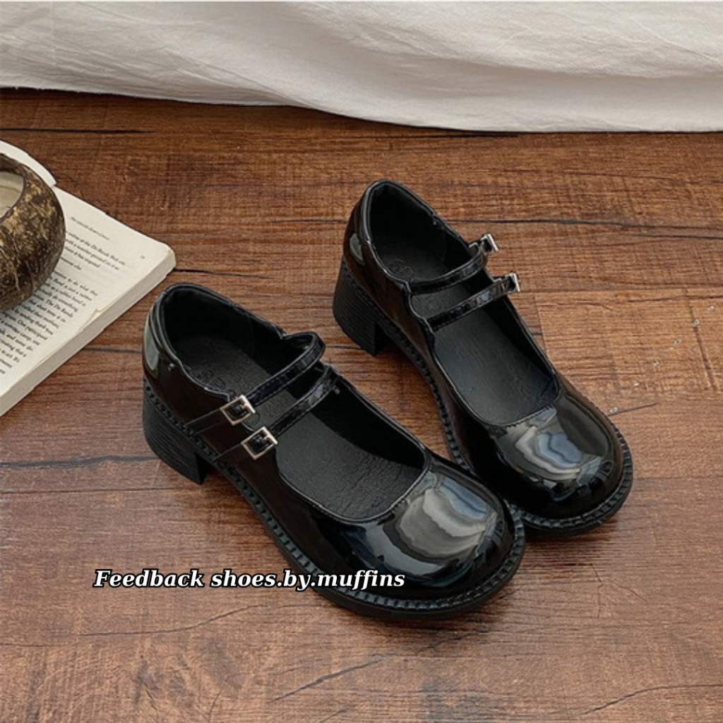 Giày cao gót nữ mũi tròn họa tiết 2 dây quai ngang phong cách MARY JANE