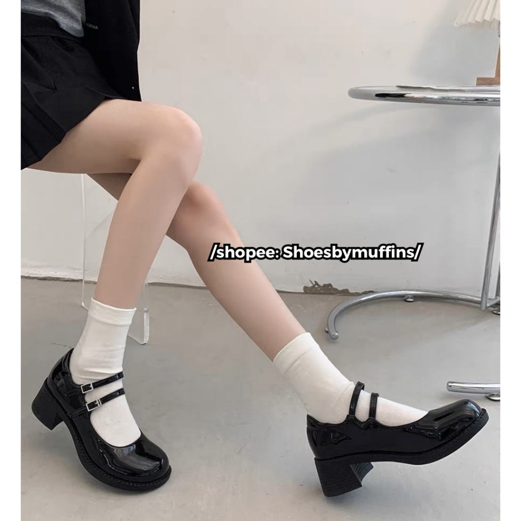 Giày cao gót nữ mũi tròn họa tiết 2 dây quai ngang phong cách MARY JANE