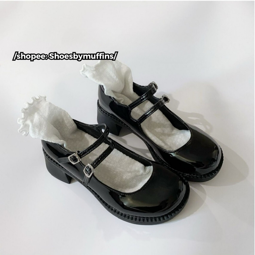 Giày cao gót nữ mũi tròn họa tiết 2 dây quai ngang phong cách MARY JANE