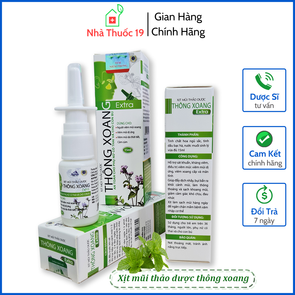 Xịt mũi thảo dược thông xoang Extra Lọ 15ml - giảm viêm xoang, viêm mũi dị ứng dùng được cho mẹ bầu, người cho con bú
