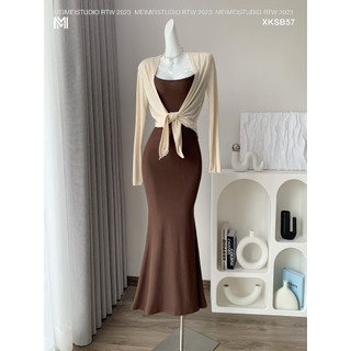Set đồ nữa, váy len 2 dây dáng ôm body kèm áo khoác ngoài buộc vạt, mặc đi chơi, đi tiệc | XKSB57 | MeiMei Studio