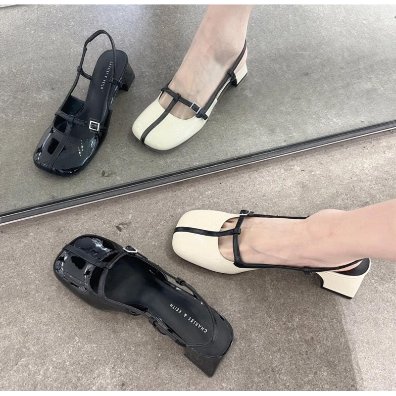 Giày sandal Cnk gót vuông cao 4cm phối dây mảnh hở gót phong cách tiểu thư Mary Jane cá tính hàng Fullbox 2023
