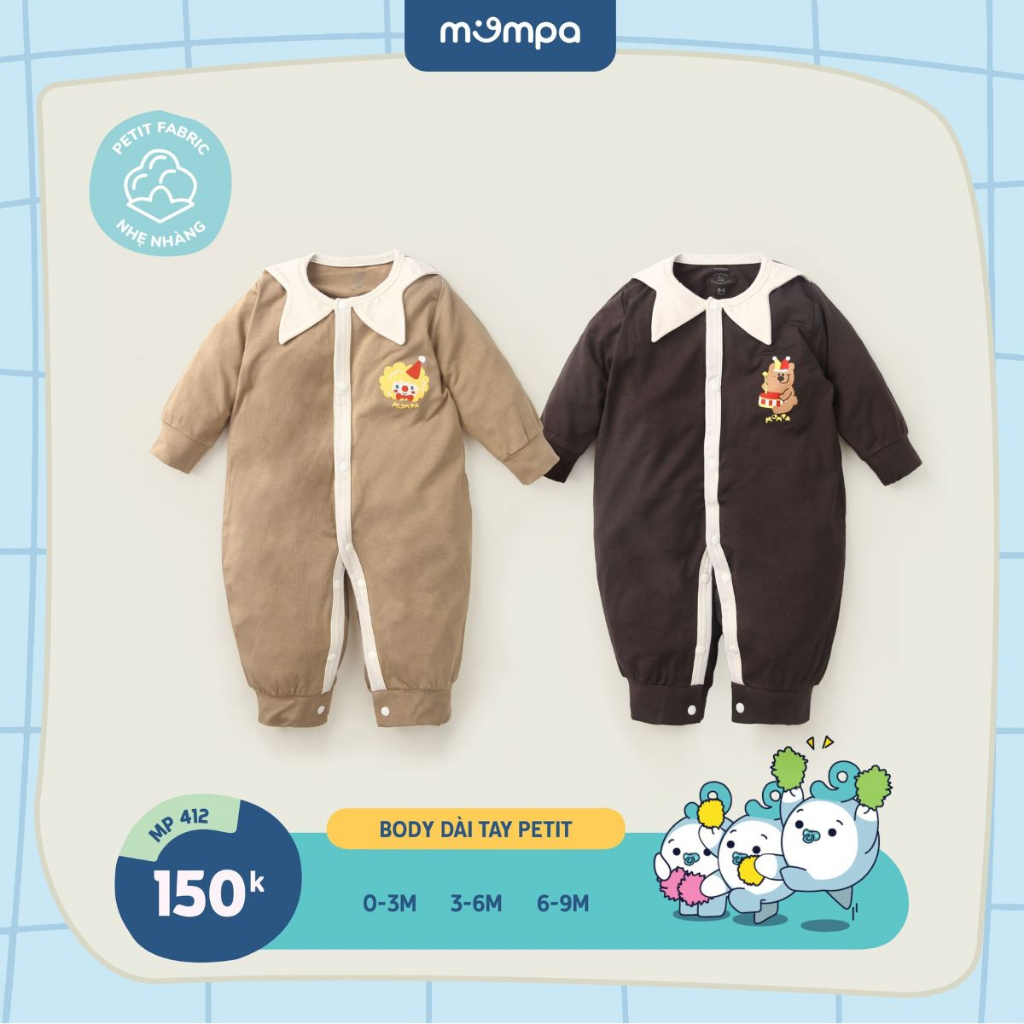 Bodysuit sơ sinh cho bé Mompa 0 - 9 tháng liền chân lộn tay cúc giữa vải Petit mềm mại thoáng khí nhẹ nhàng 412