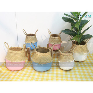 Giỏ cói sơn màu hình chum có quai 2 size GIO-COI-02_TAN
