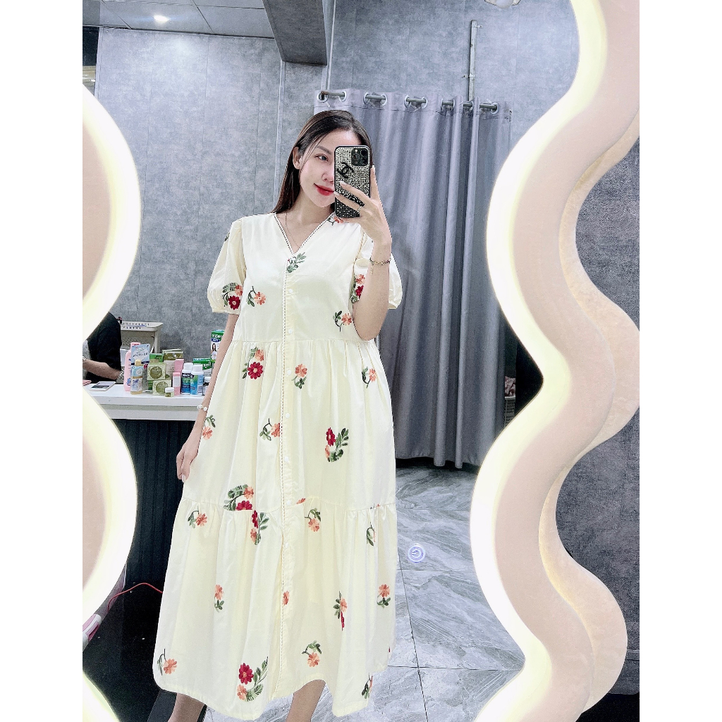 Đầm 2 tầng thêu hoa viền ren - Váy bầu đầm bầu hoa nhí dáng dài siêu xinh có sẵn