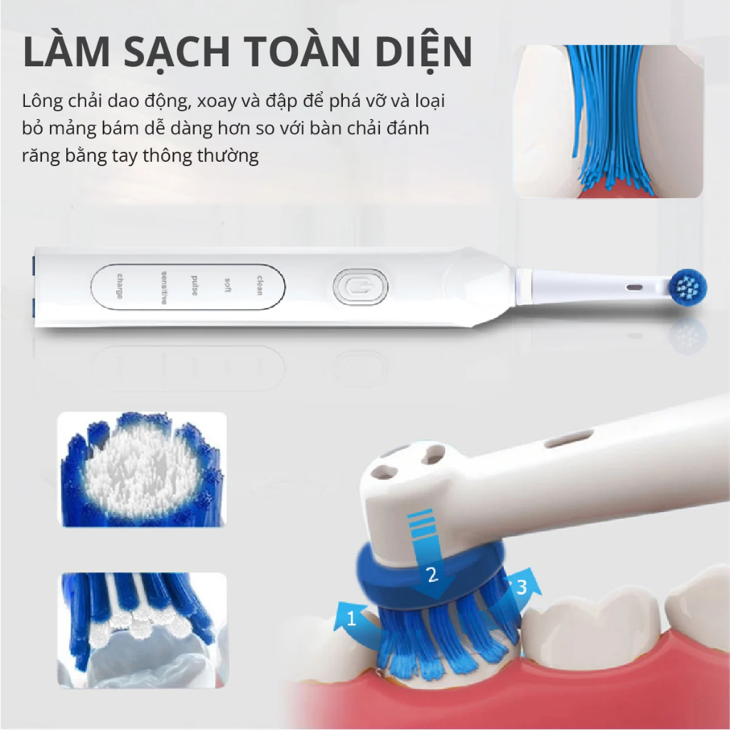 Bàn Chải Điện Đầu Xoay Tròn Kachi MK361 kèm đế sạc không dây và 2 đầu bàn chải