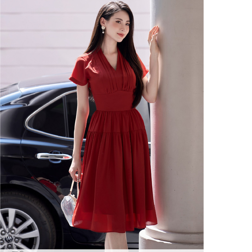 Đầm nữ HeraDG thiết kế dáng xòe nhún xếp li nhẹ nhàng thanh lịch chất liệu Recycle bảo vệ môi trường SDPBC2185