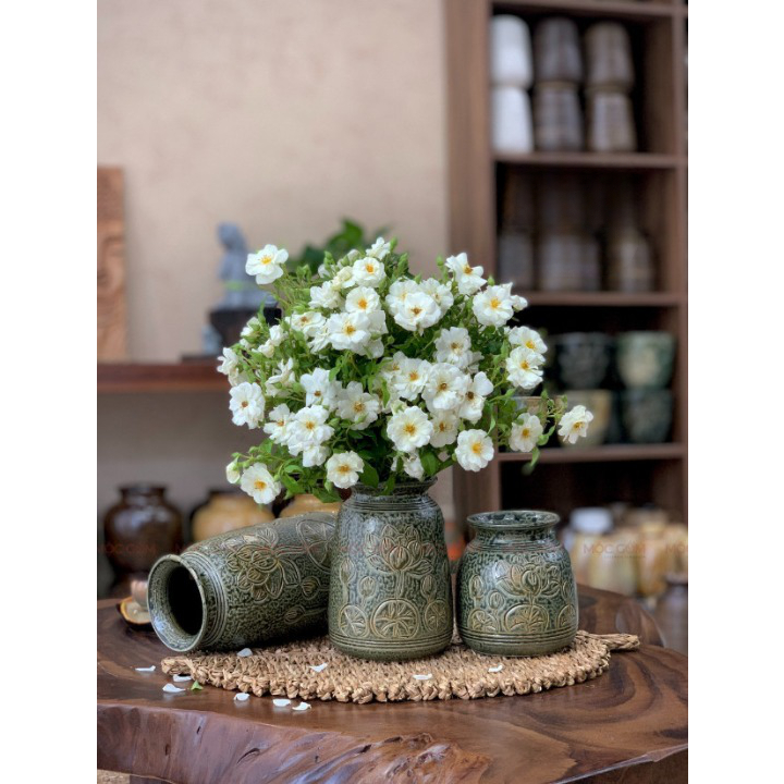 Bộ 3 bình gốm khắc tay họa tiết hoa sen, men xanh mộc cổ kính decor đẹp - Gốm Bát Tràng