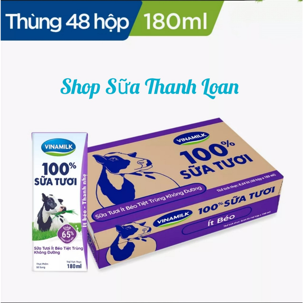 Thùng 48 Hộp Sữa Vinamilk 100% Ít Đường 180ml.