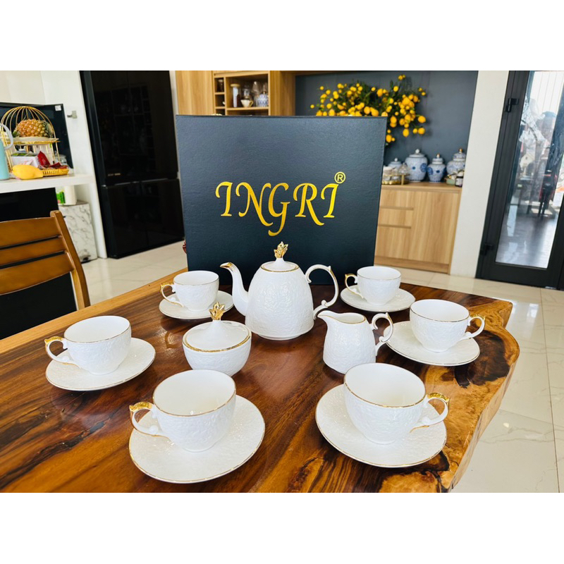 [ẢNH THẬT]Bộ ấm chén sứ xương MÀU TRẮNG Viền vàng Cao Cấp - bộ trà đẹp